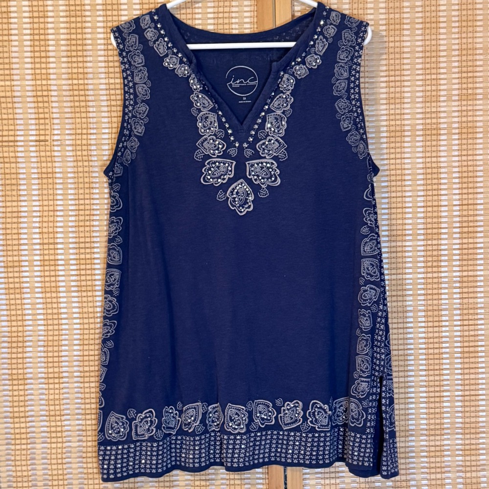 INC International Concepts Navy Blue Rhinestone Paisley Tunic Tank Top Womens 2X